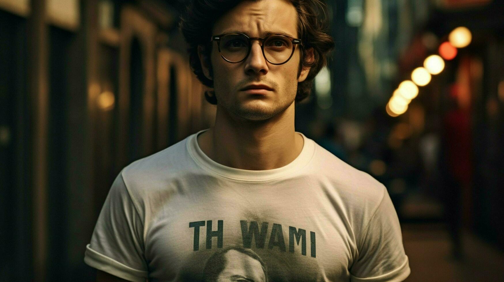 a man with glasses and a shirt that saysthe man photo