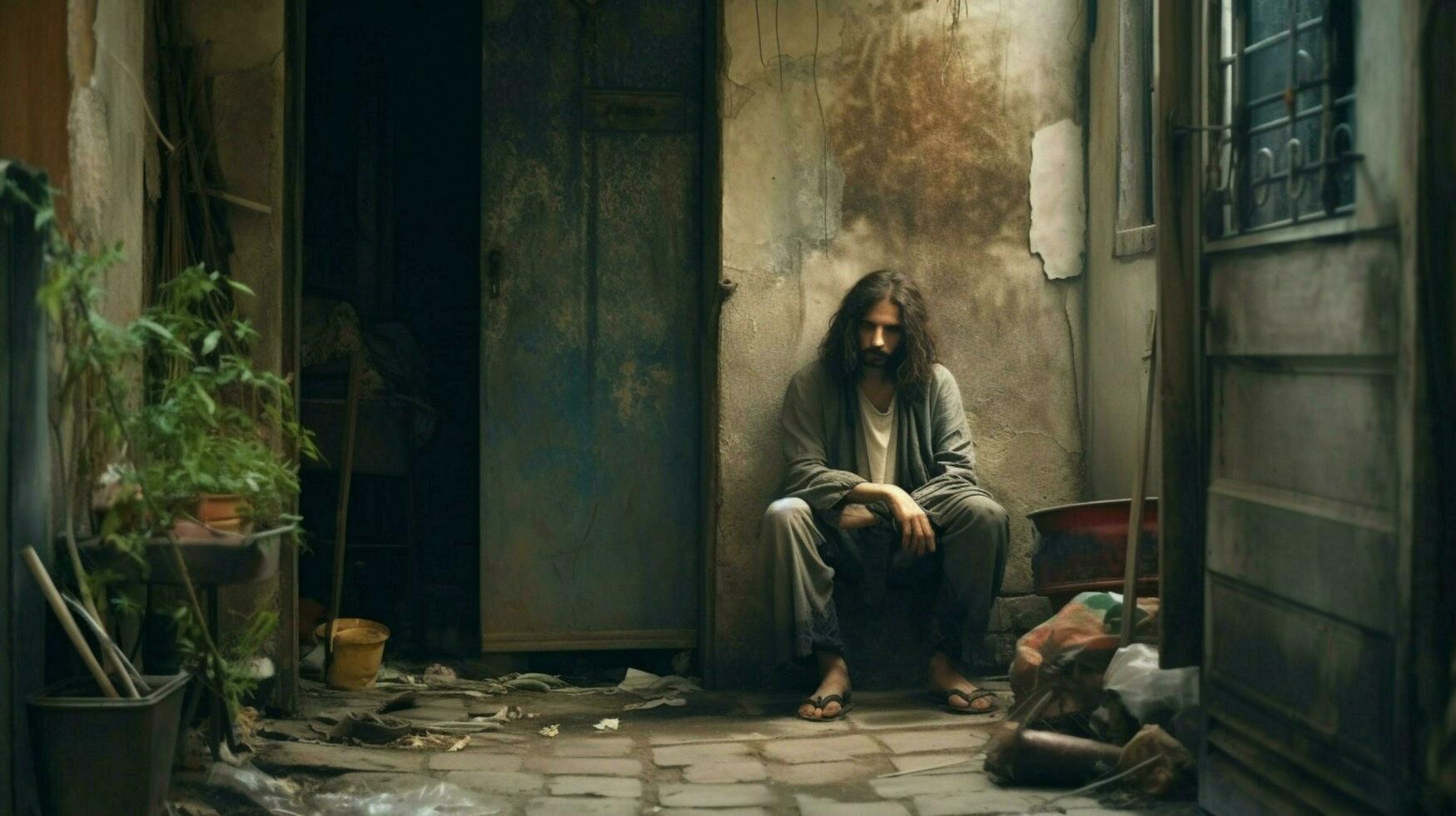 a man with long hair and glasses is sitting photo