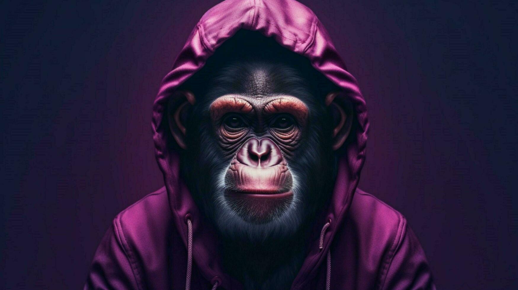 a monkey in a hoodie stands in a dark purple back photo