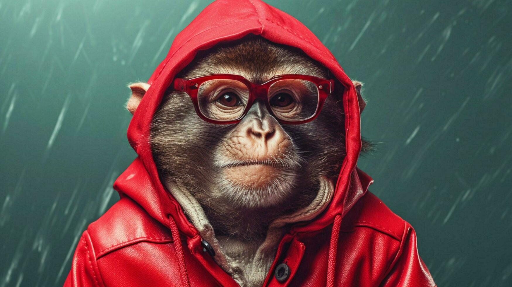 a monkey in a red jacket with a red hoodie photo