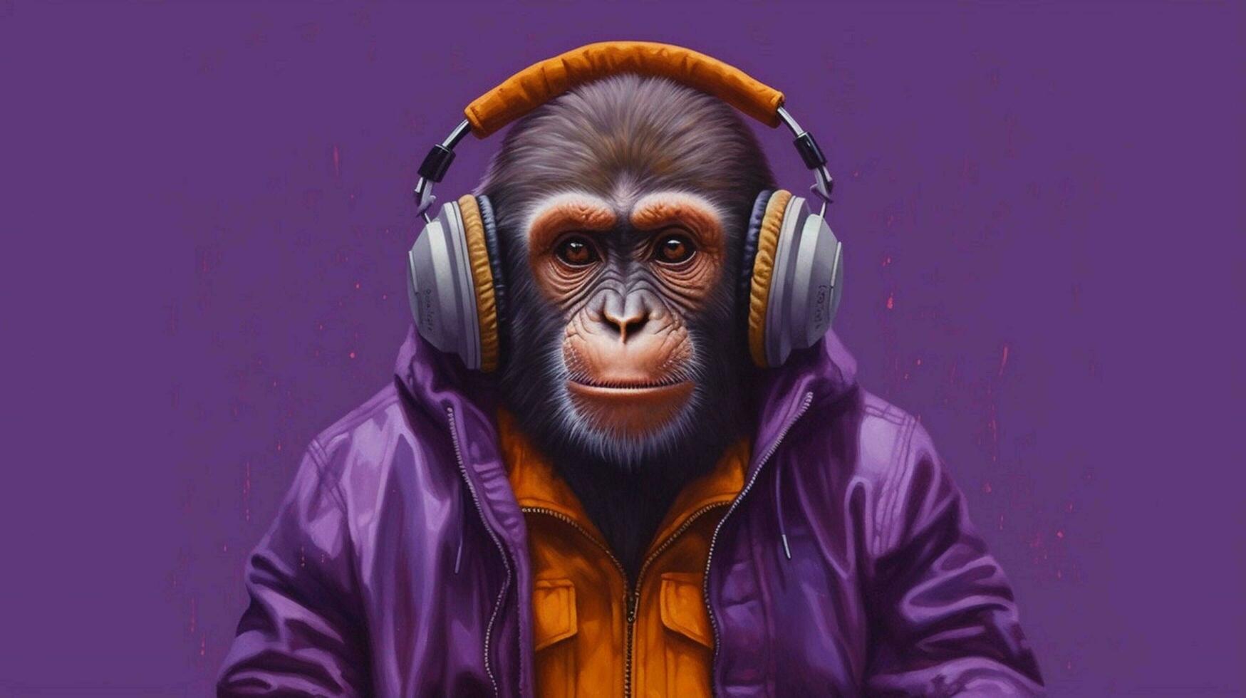 a monkey with a purple hoodie and headphones photo