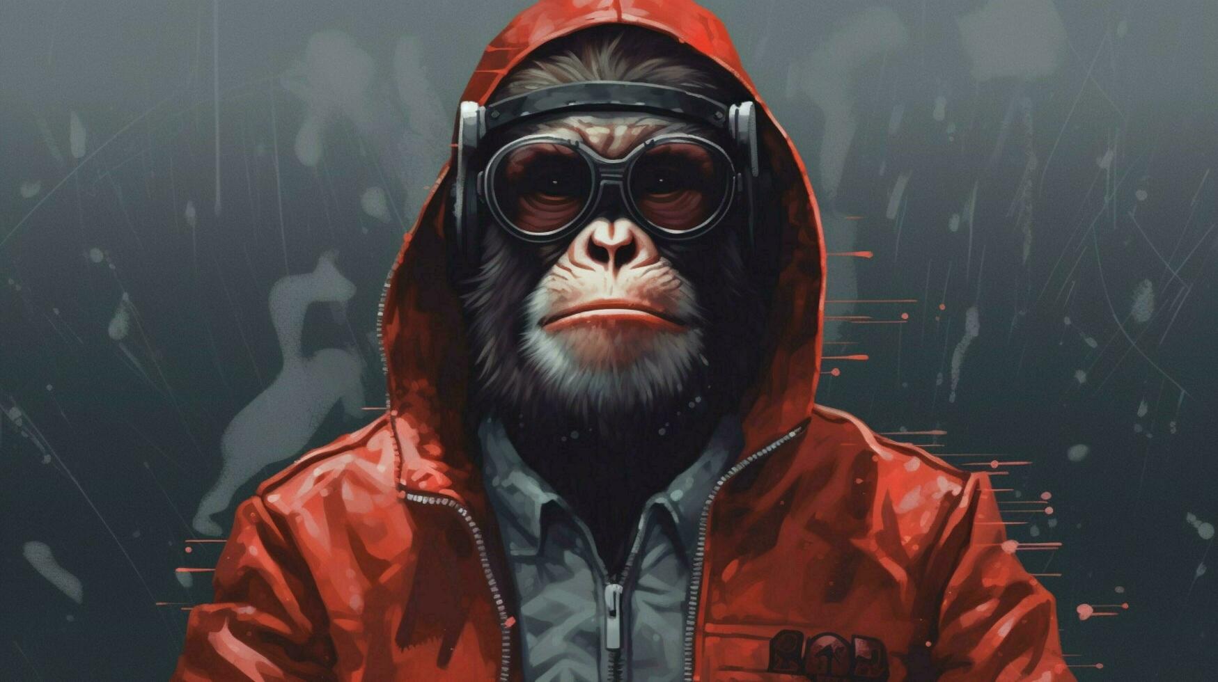 a monkey with glasses and a jacket that says plan photo