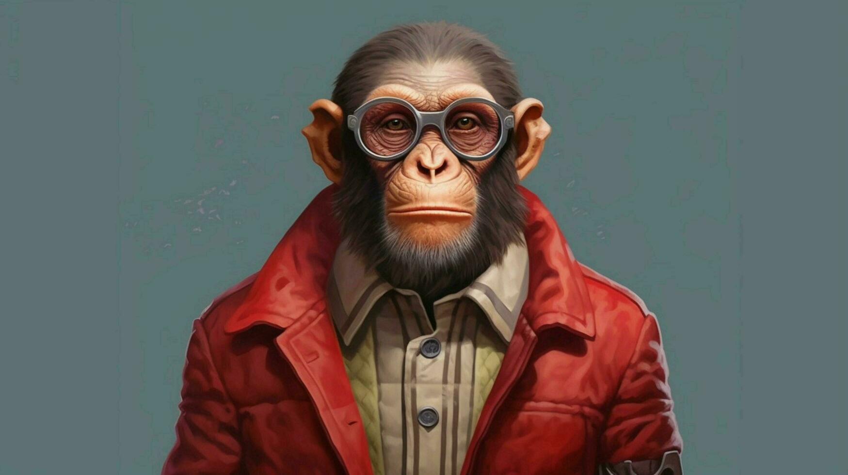 a monkey with glasses and a jacket that says plan photo