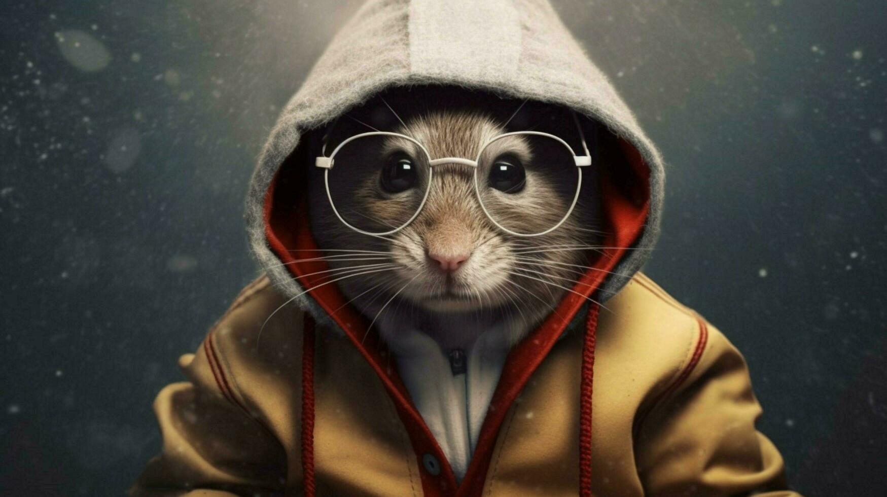 a mouse in a hoodie with a hoodie and glasses photo