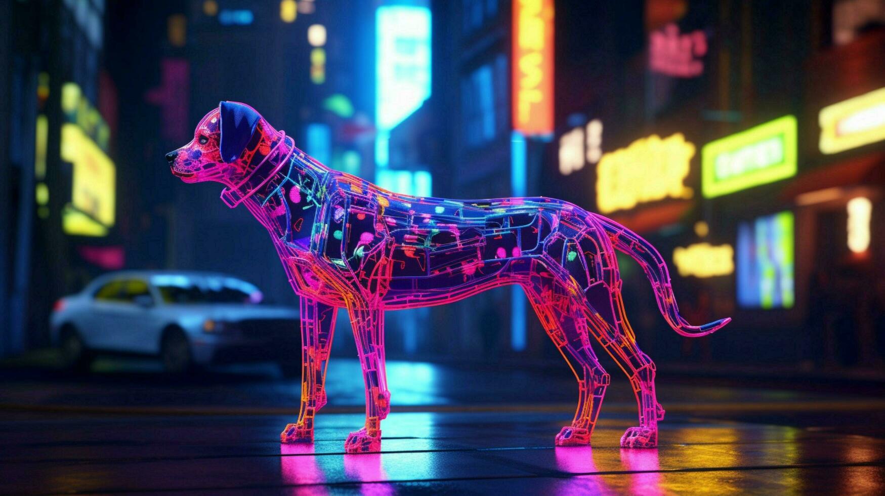 a neon leopard dog in a city photo