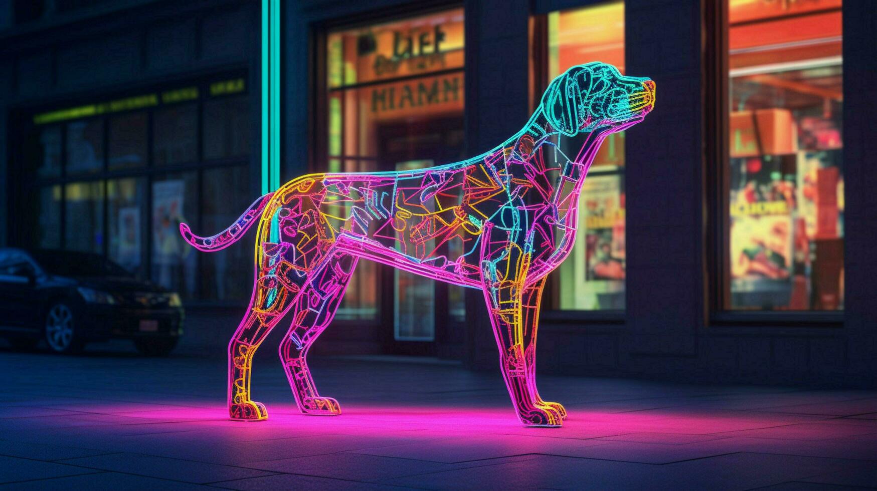 a neon leopard dog in a city photo