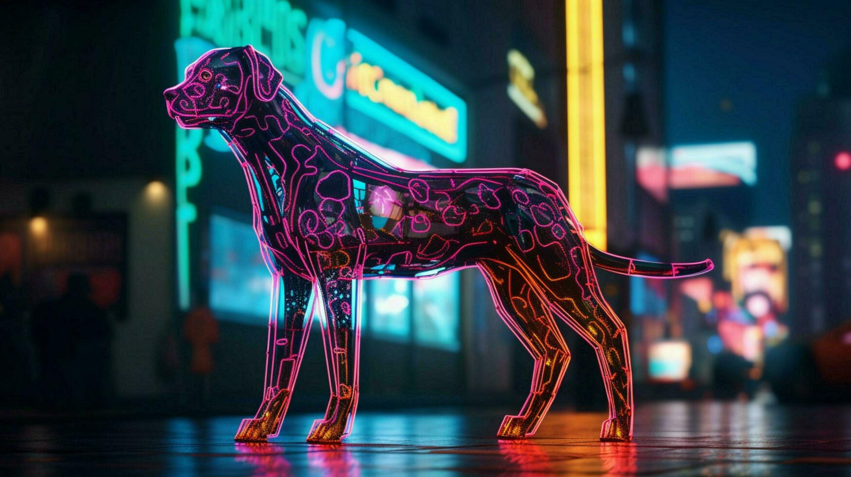 a neon leopard dog in a city photo