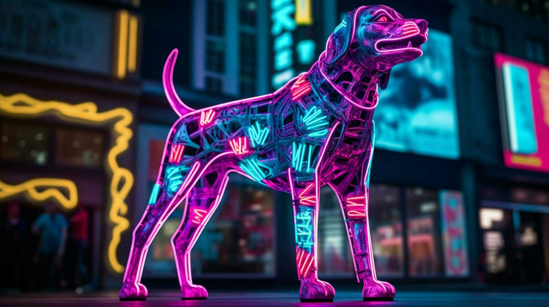 a neon leopard dog in a city photo