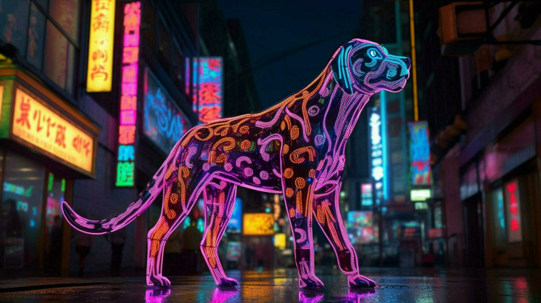 a neon leopard dog in a city photo