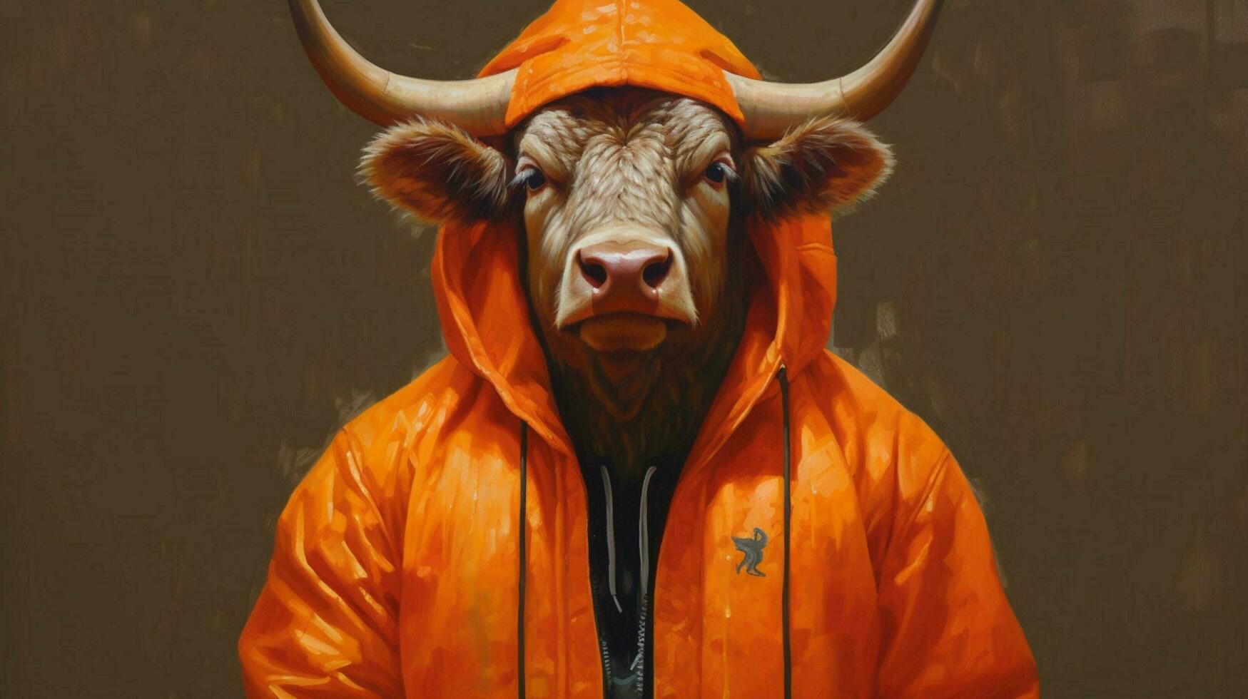 a painting of a bull wearing an orange jacket photo