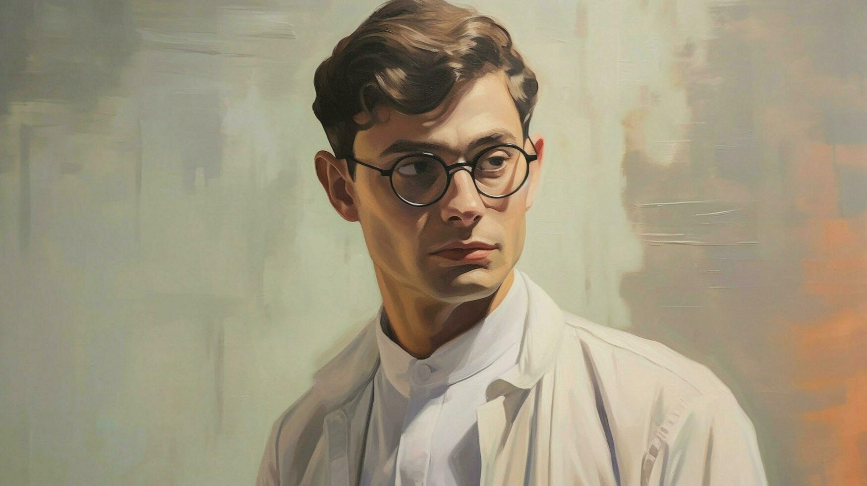 a painting of a man with glasses and a white shirt photo