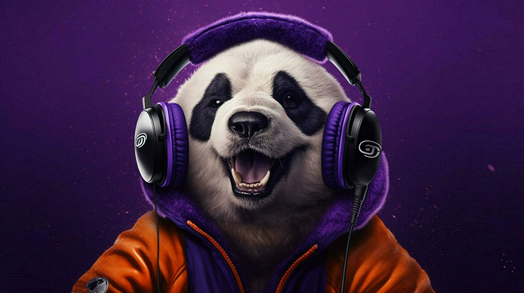 a panda dog in a purple jacket and headphones photo