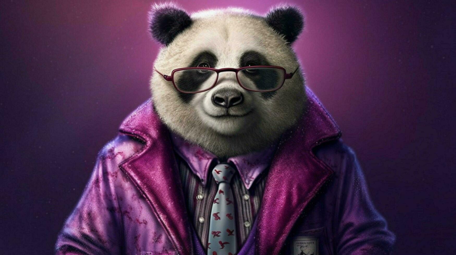 a panda in a purple jacket and glasses photo