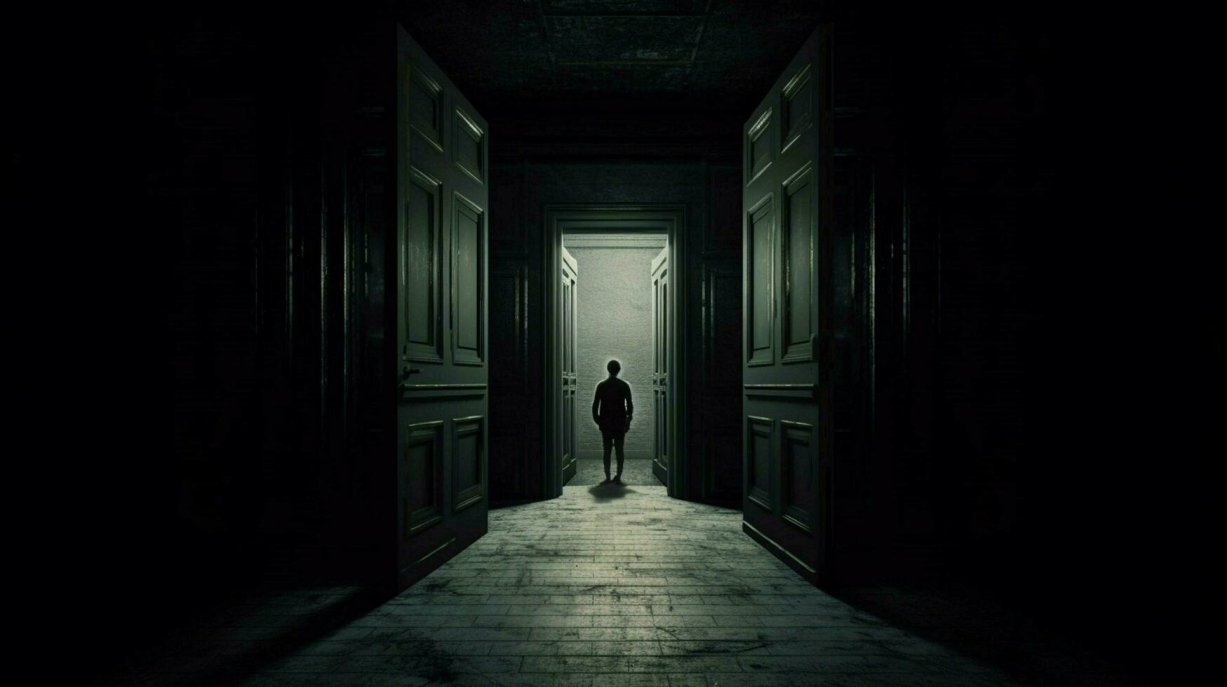 a person is standing in a dark hallway photo