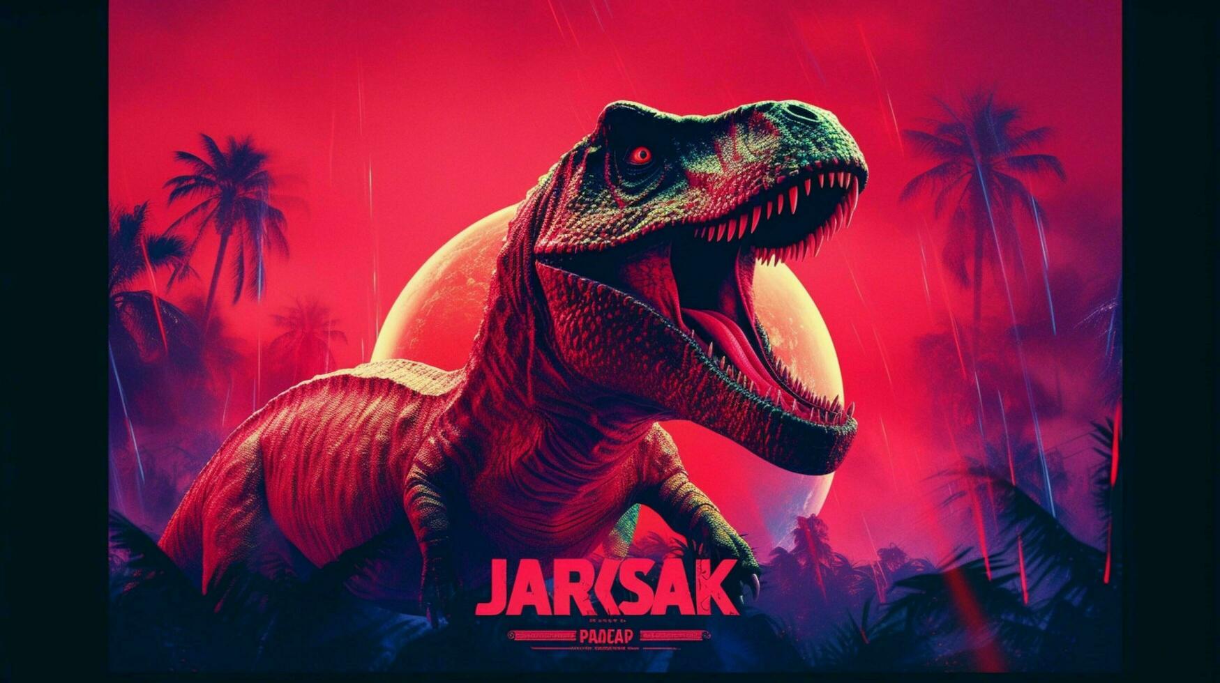 a poster for a dinosaur with a red background photo