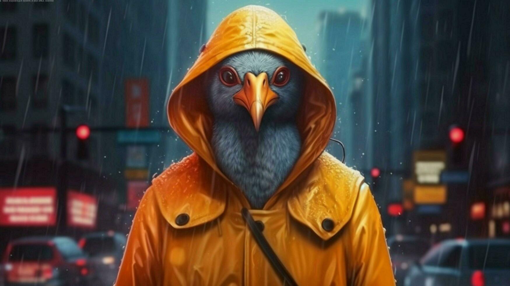 a poster of a bird wearing a jacket and a hoodie photo