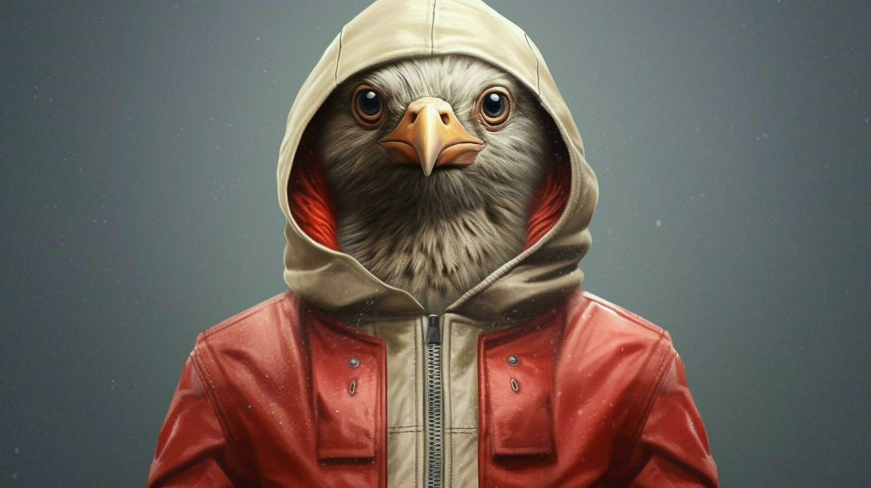 a poster of a bird wearing a jacket and a hoodie photo