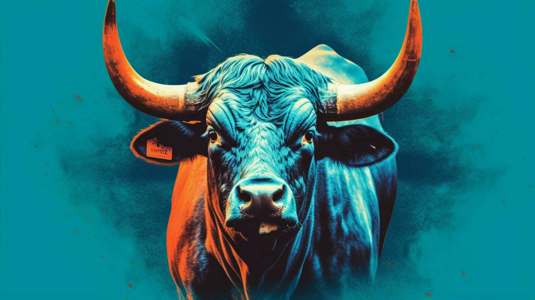 a poster of a bull with a blue background photo