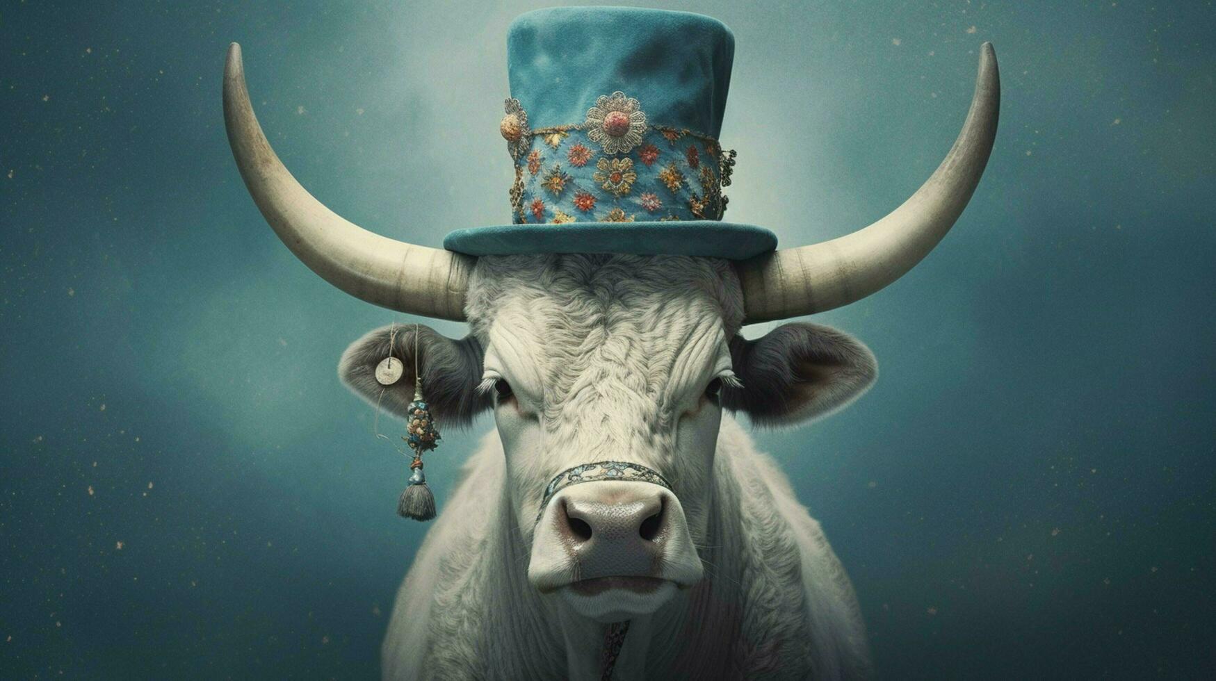 a poster of a bull with horns and a blue hat photo