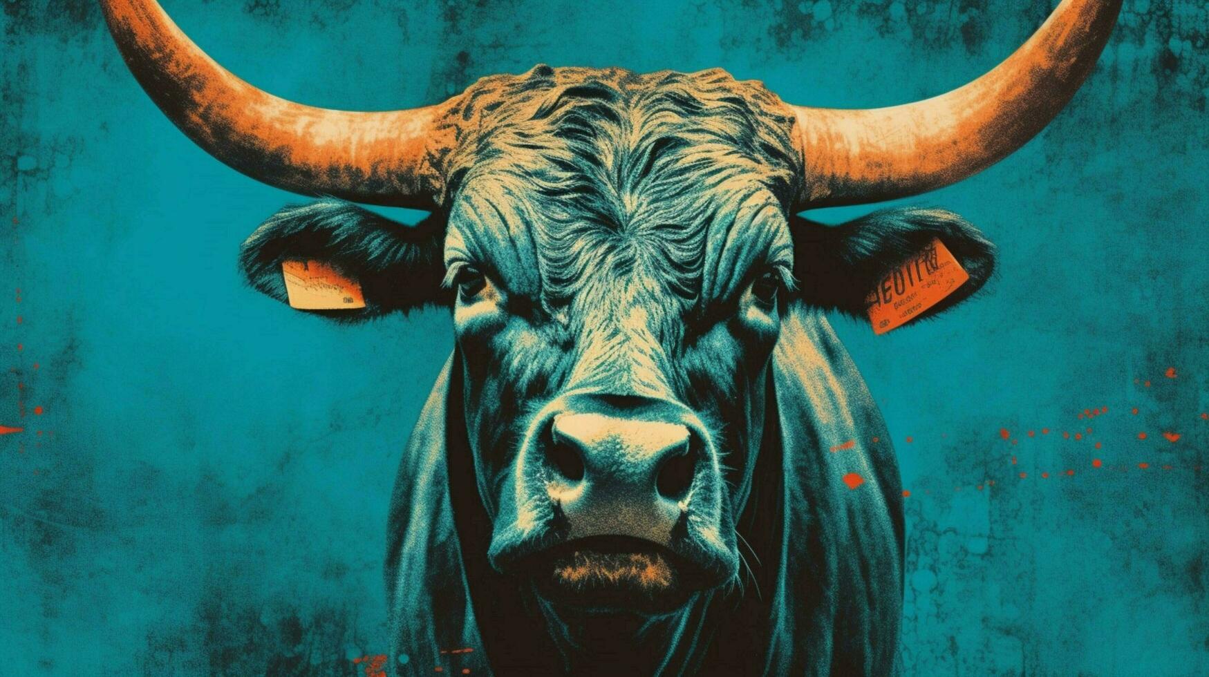 a poster of a bull with a blue background photo