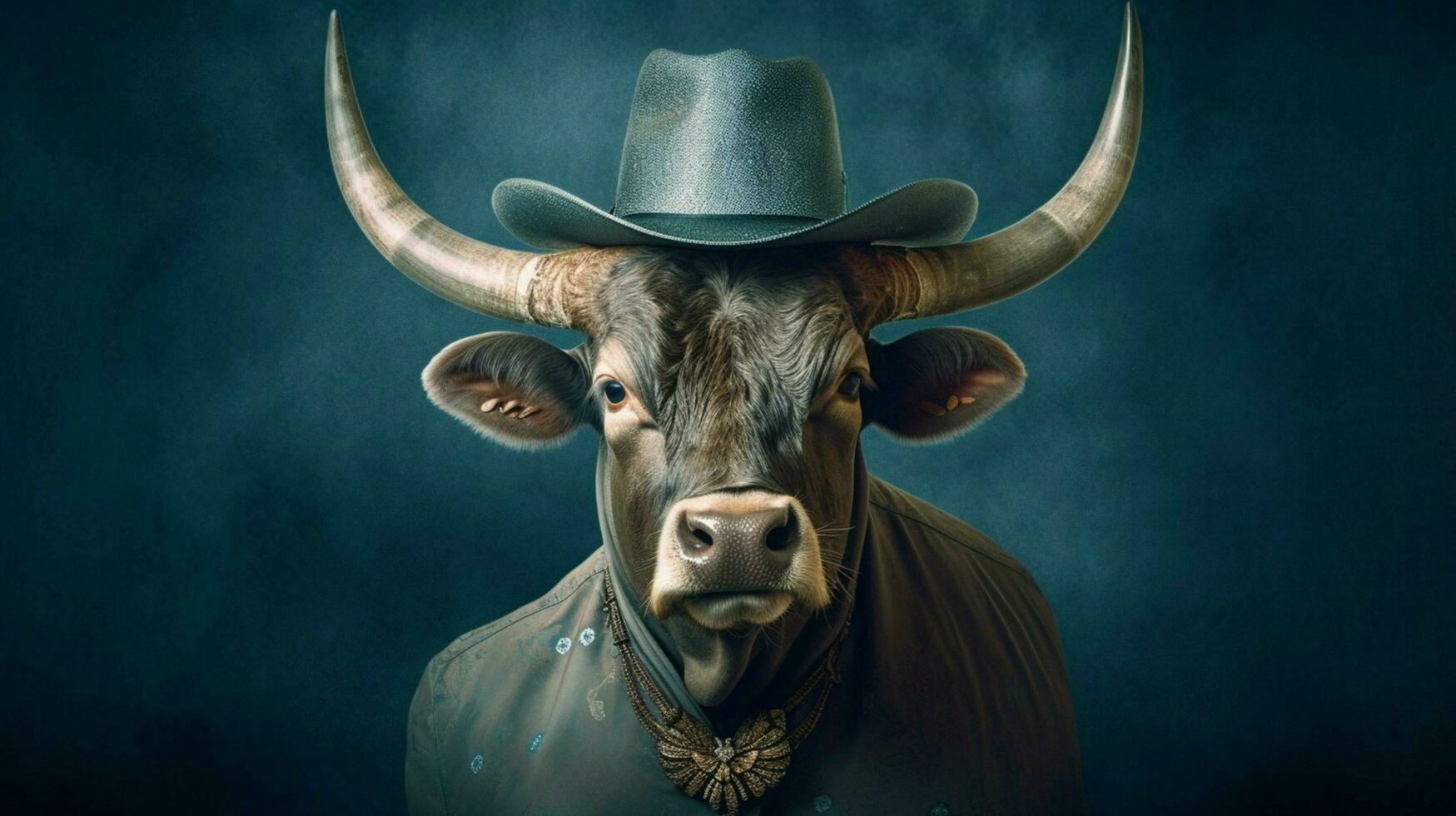 a poster of a bull with horns and a blue hat photo