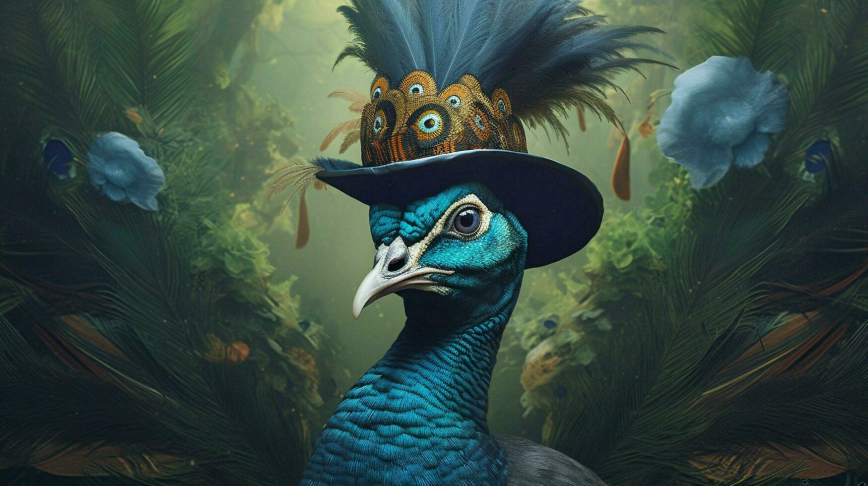 a poster of a peacock wearing a hat and a scarf photo