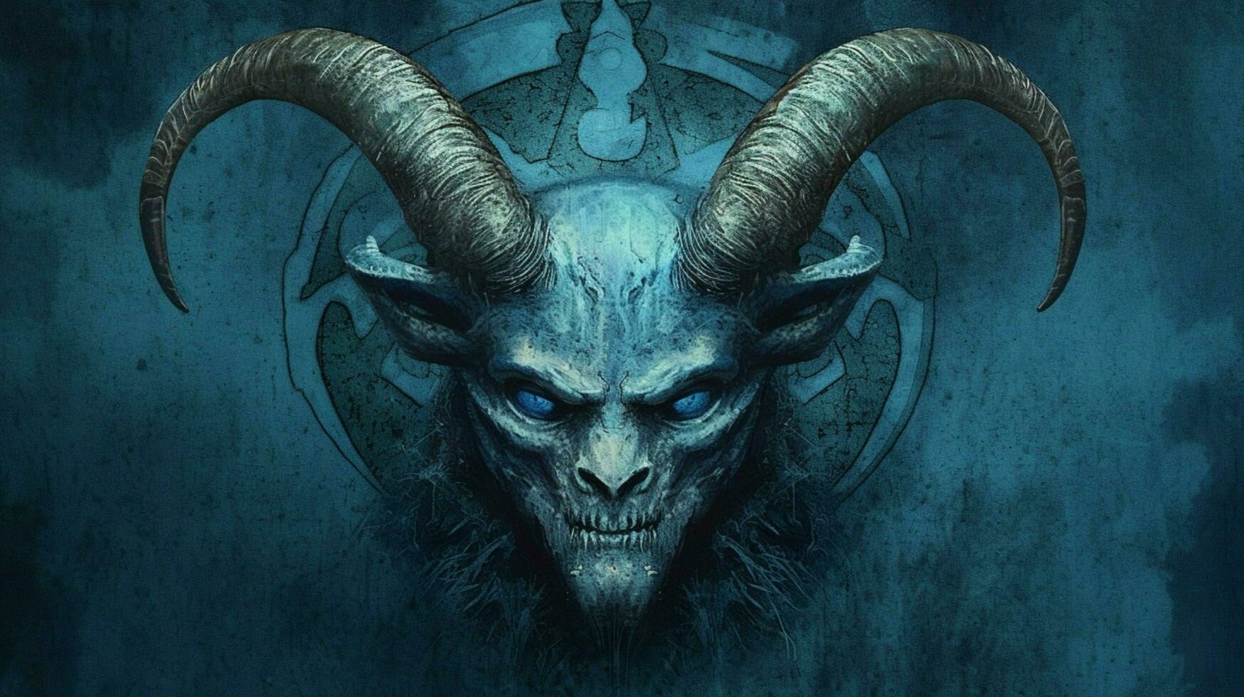 a poster with a blue demon with horns and a horn photo