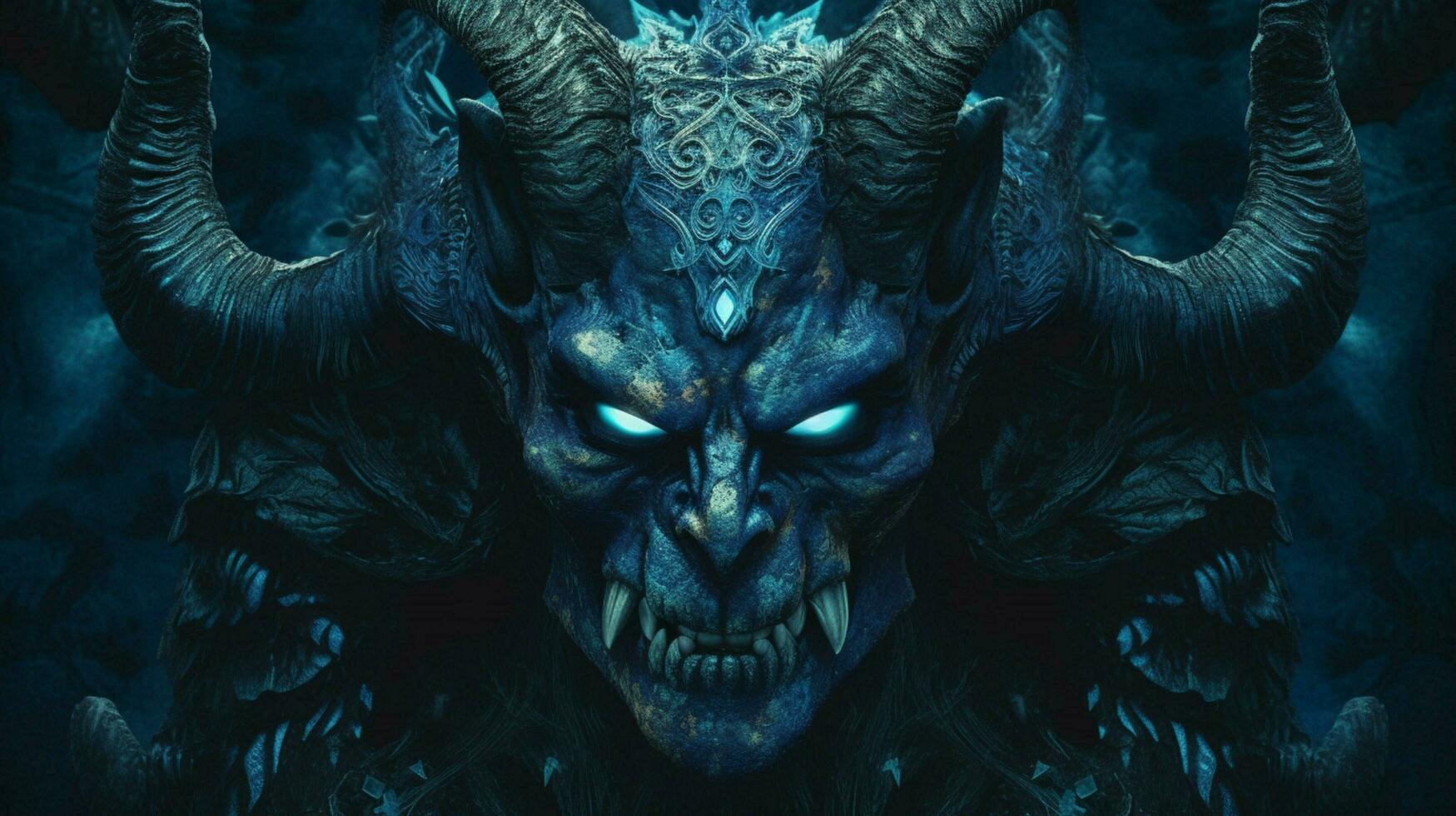 a poster with a blue demon with horns and a horn photo
