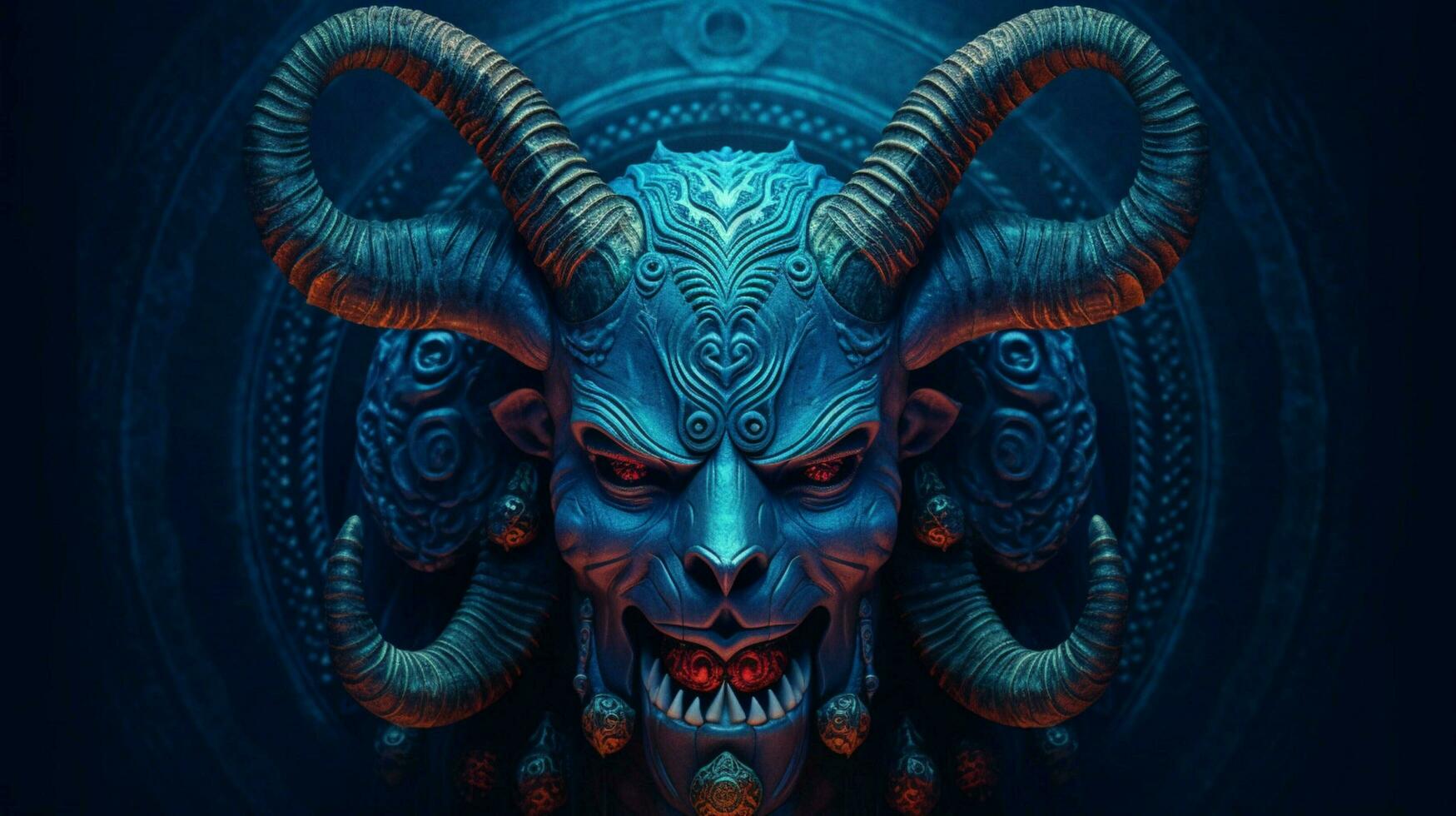 a poster with a blue demon with horns and a horn photo