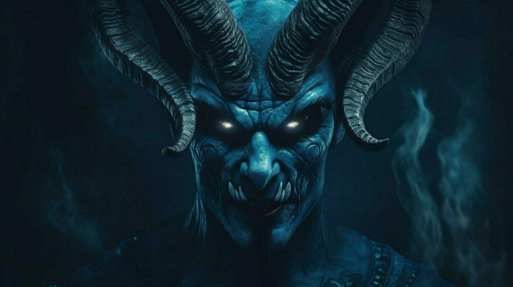 a poster with a blue demon with horns and a horn photo