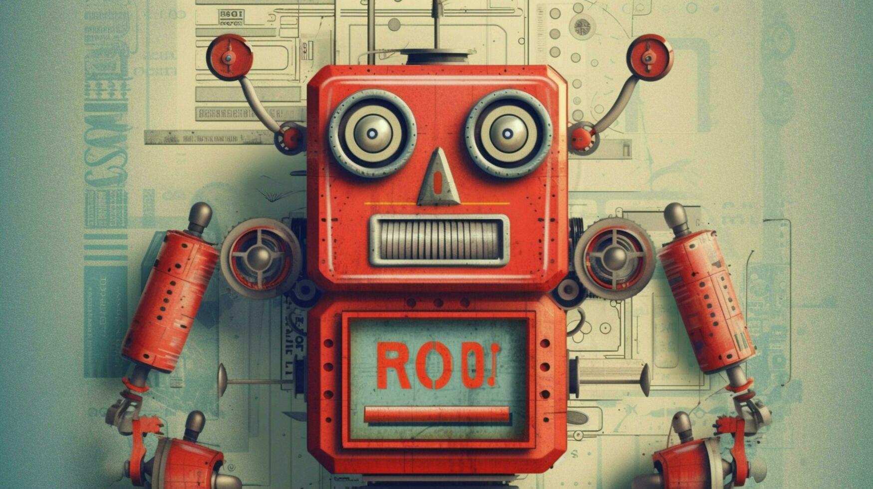 a poster with a red robot with the word robot on photo