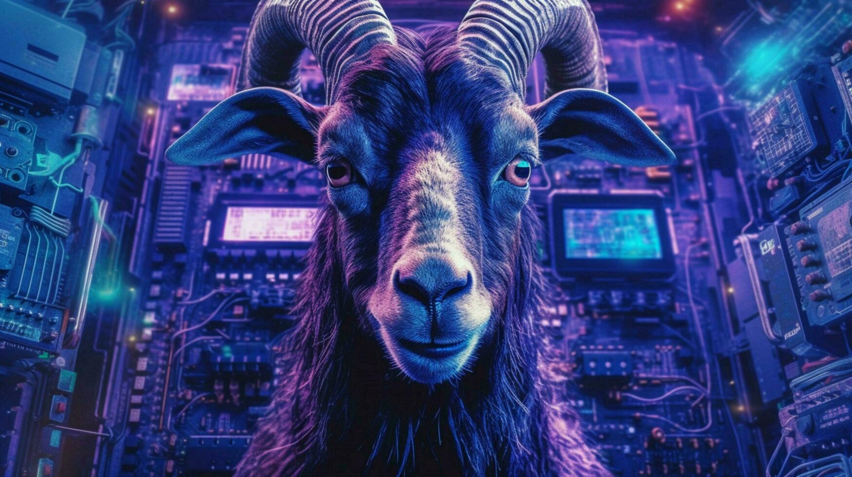 a purple and blue poster of a goat with horns photo