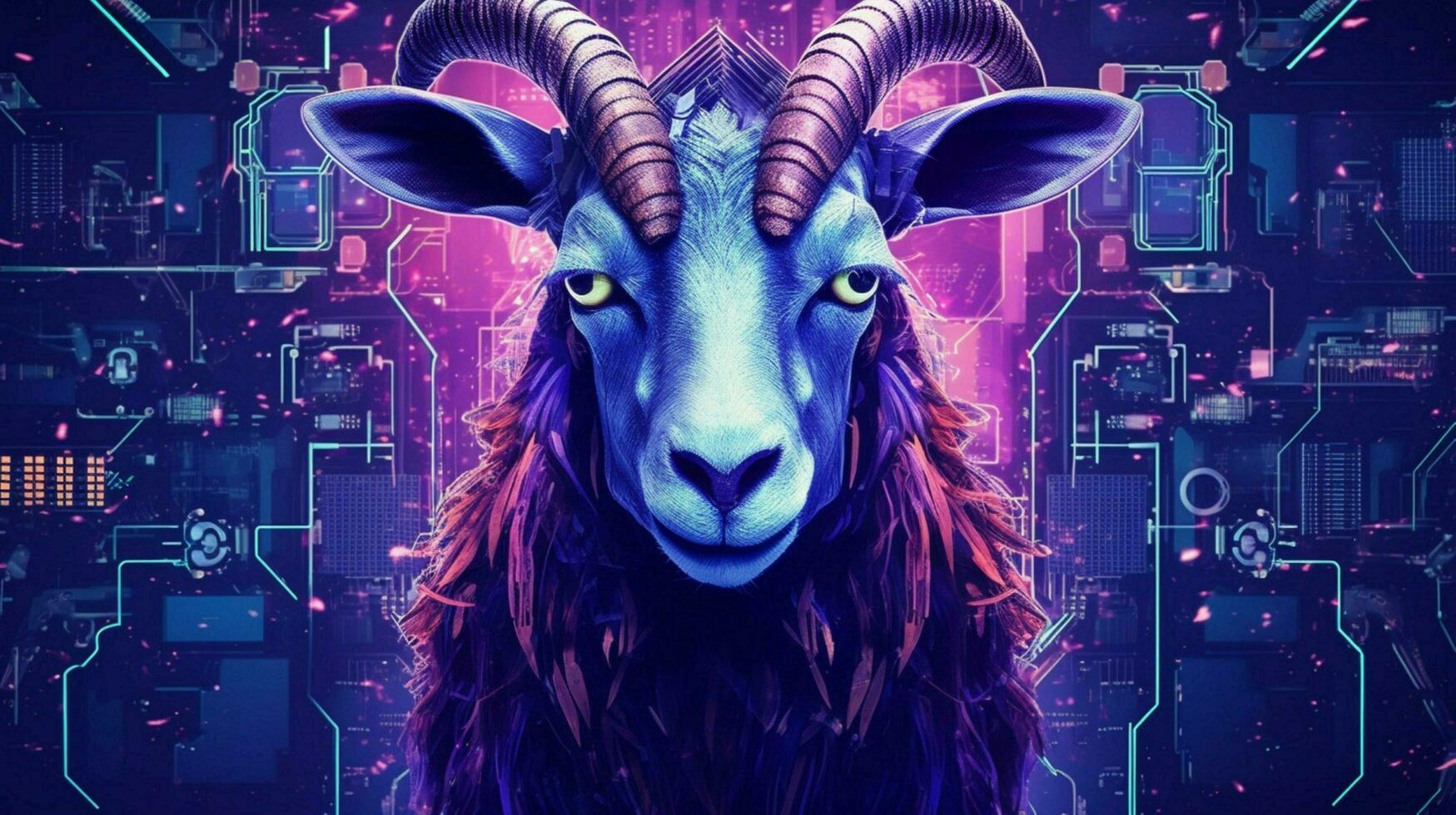 a purple and blue poster of a goat with horns photo