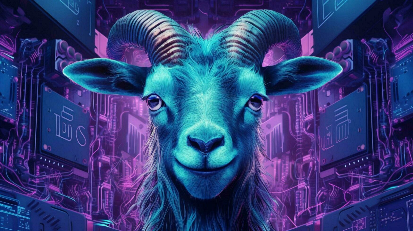 a purple and blue poster of a goat with horns photo