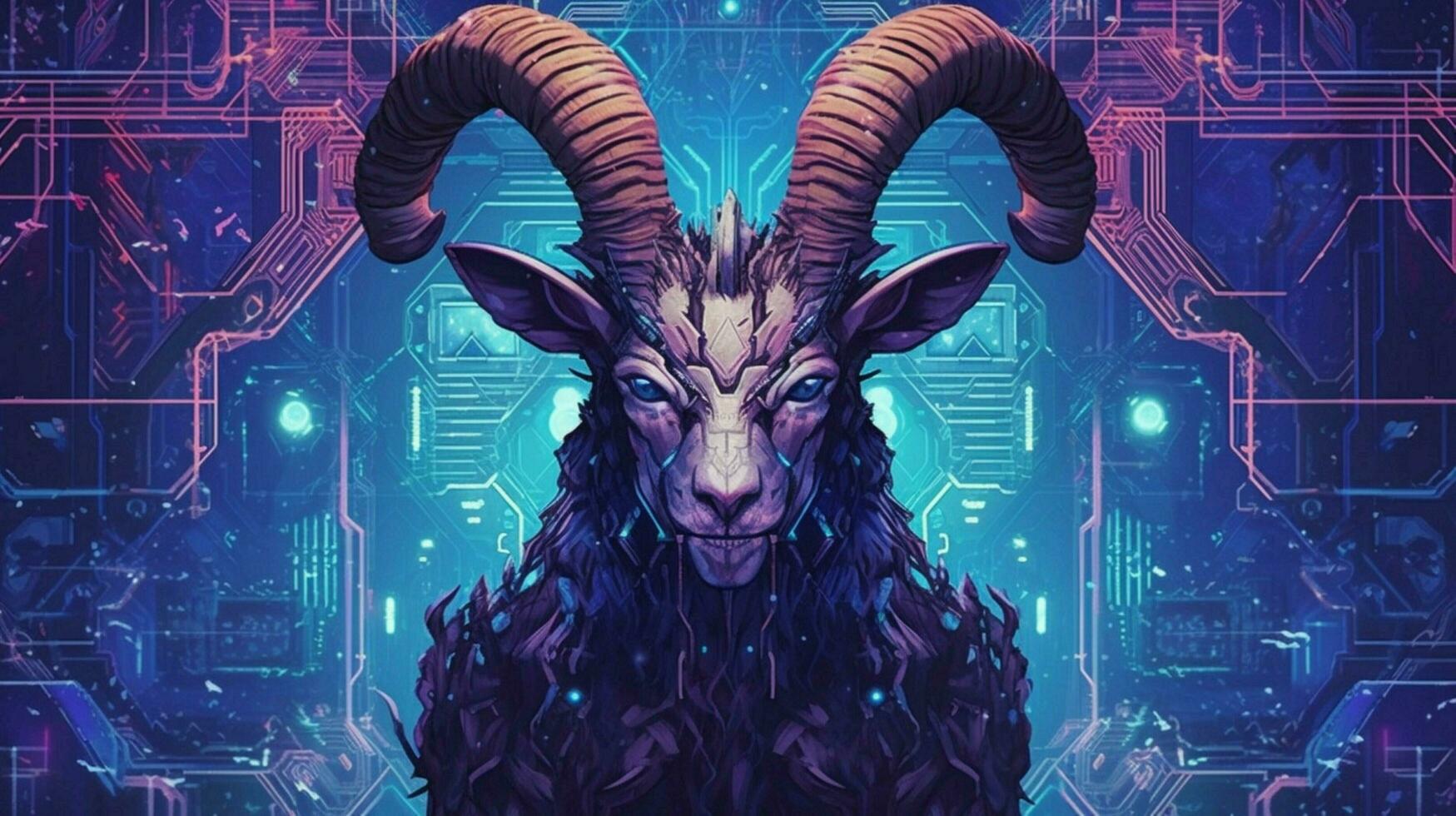 a purple and blue poster of a goat with horns photo