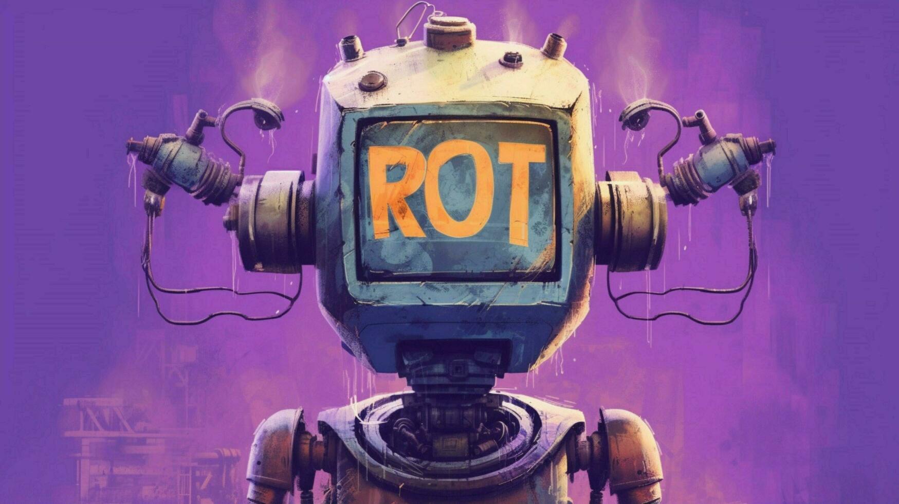 a purple poster with a robot head and the word photo