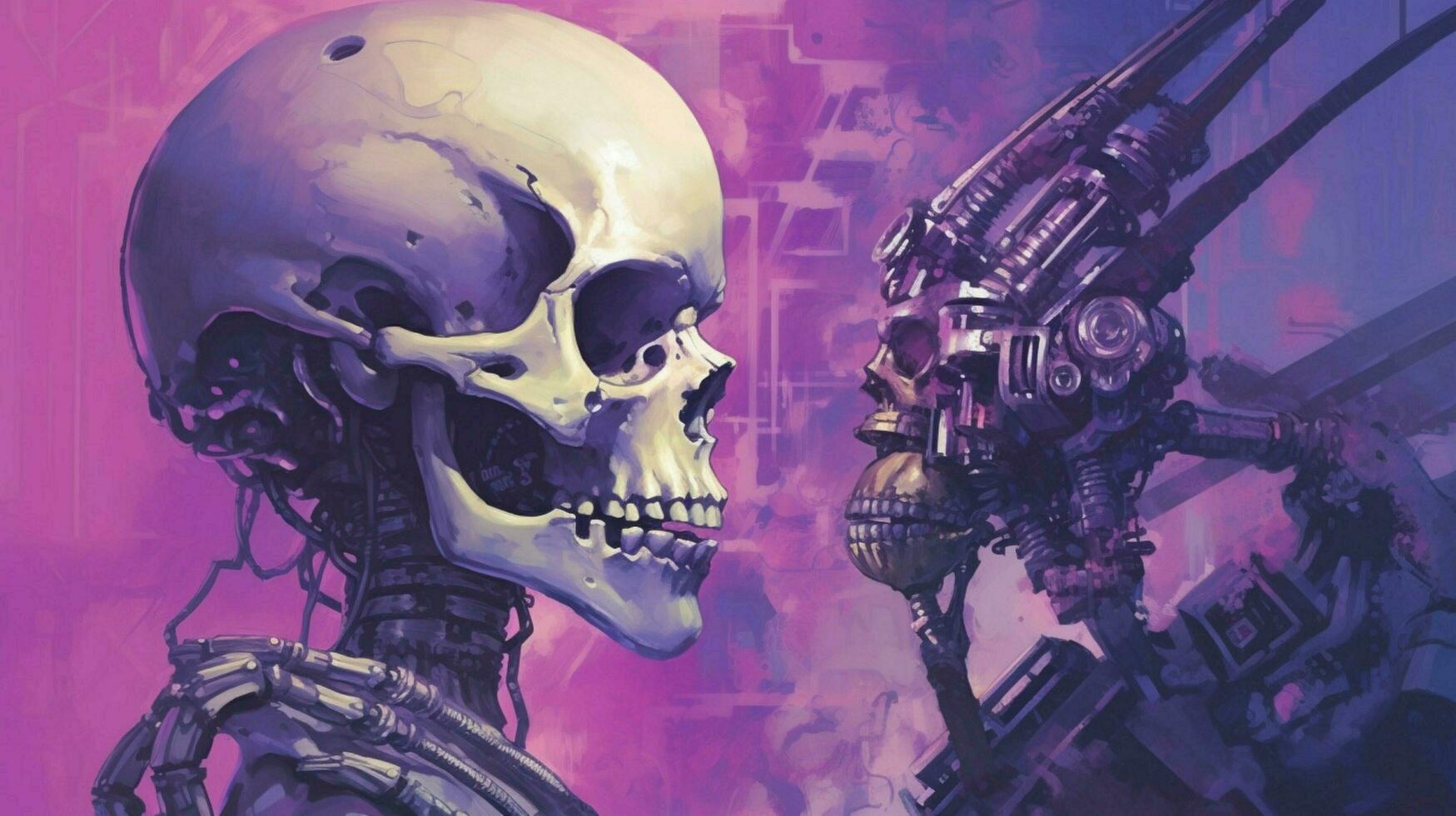 a purple poster with a robot with a large skull a photo