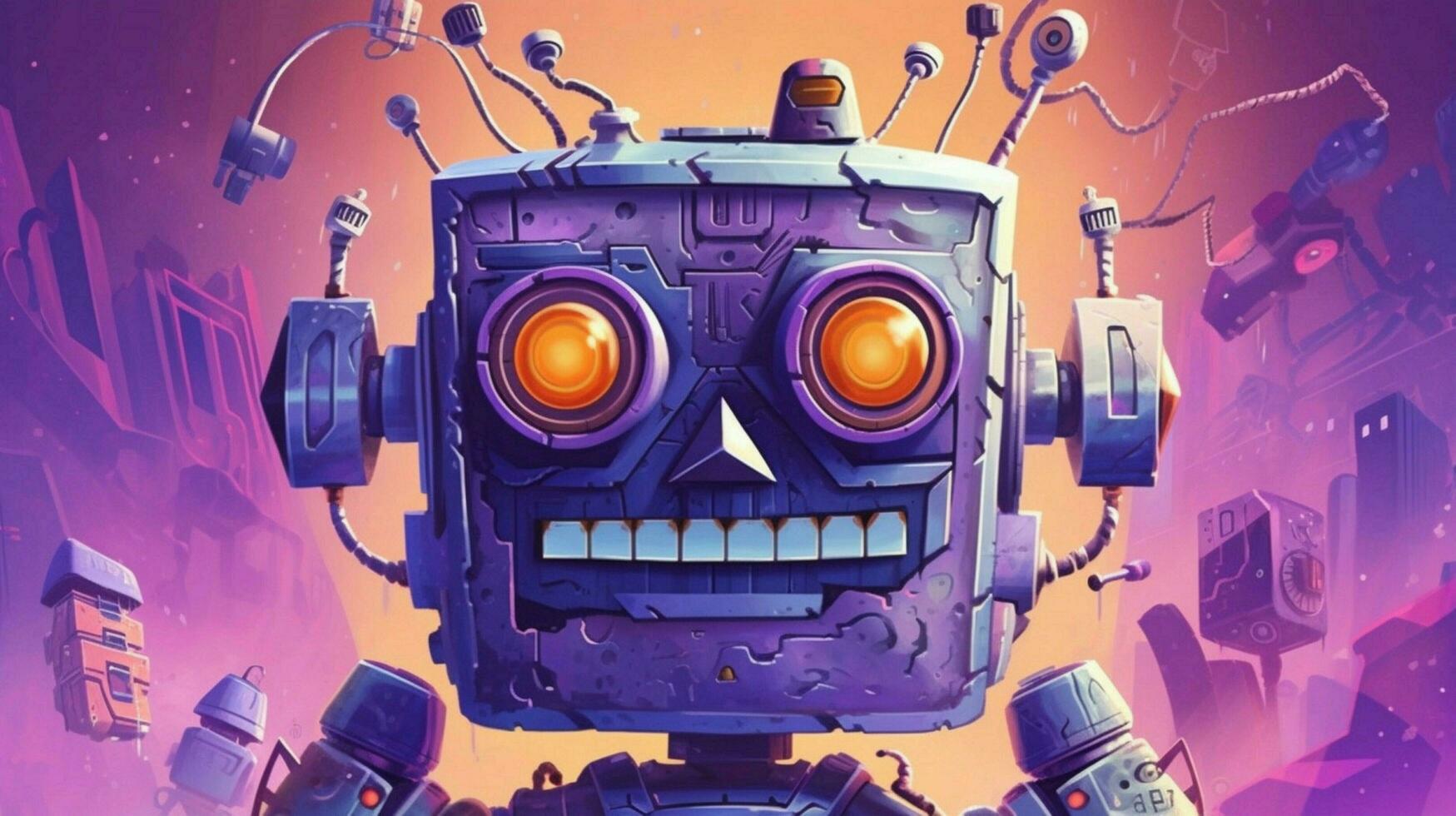 a purple poster with a robot head and the word photo