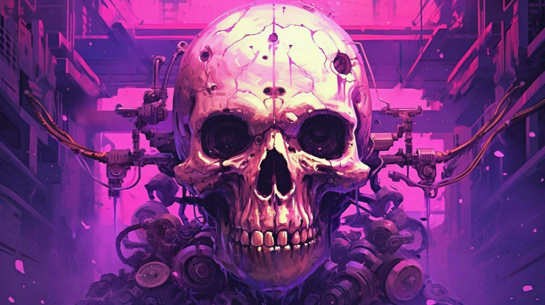 a purple poster with a robot with a large skull a photo