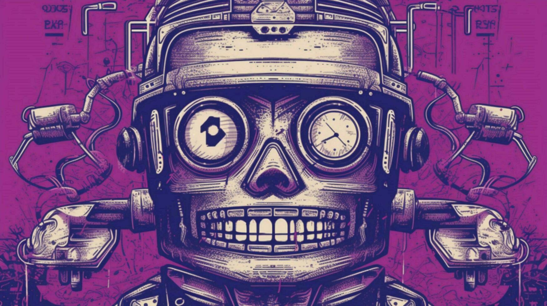 a purple poster with a robot head and the word photo