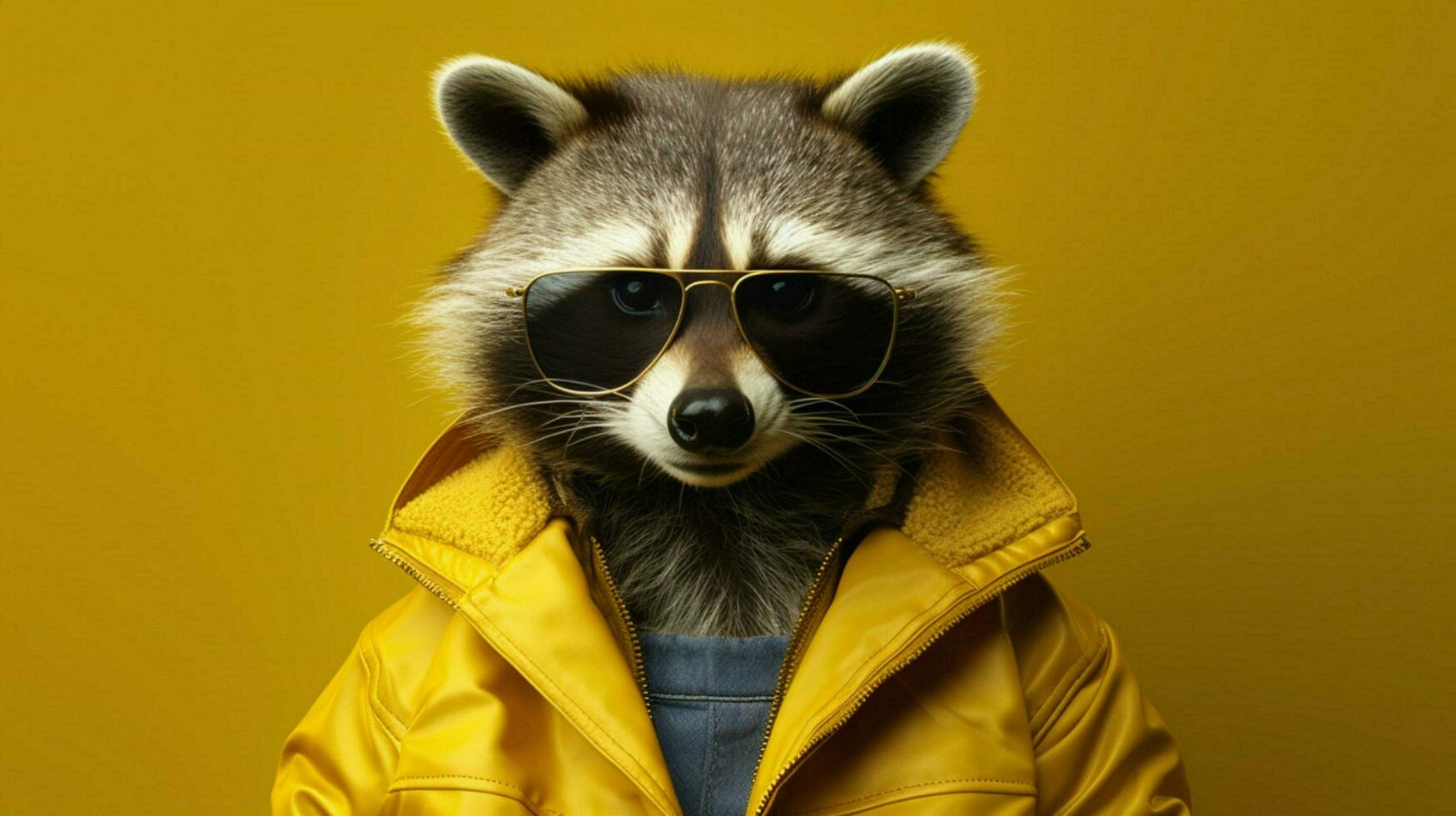 a raccoon wearing a yellow jacket and sunglasses photo