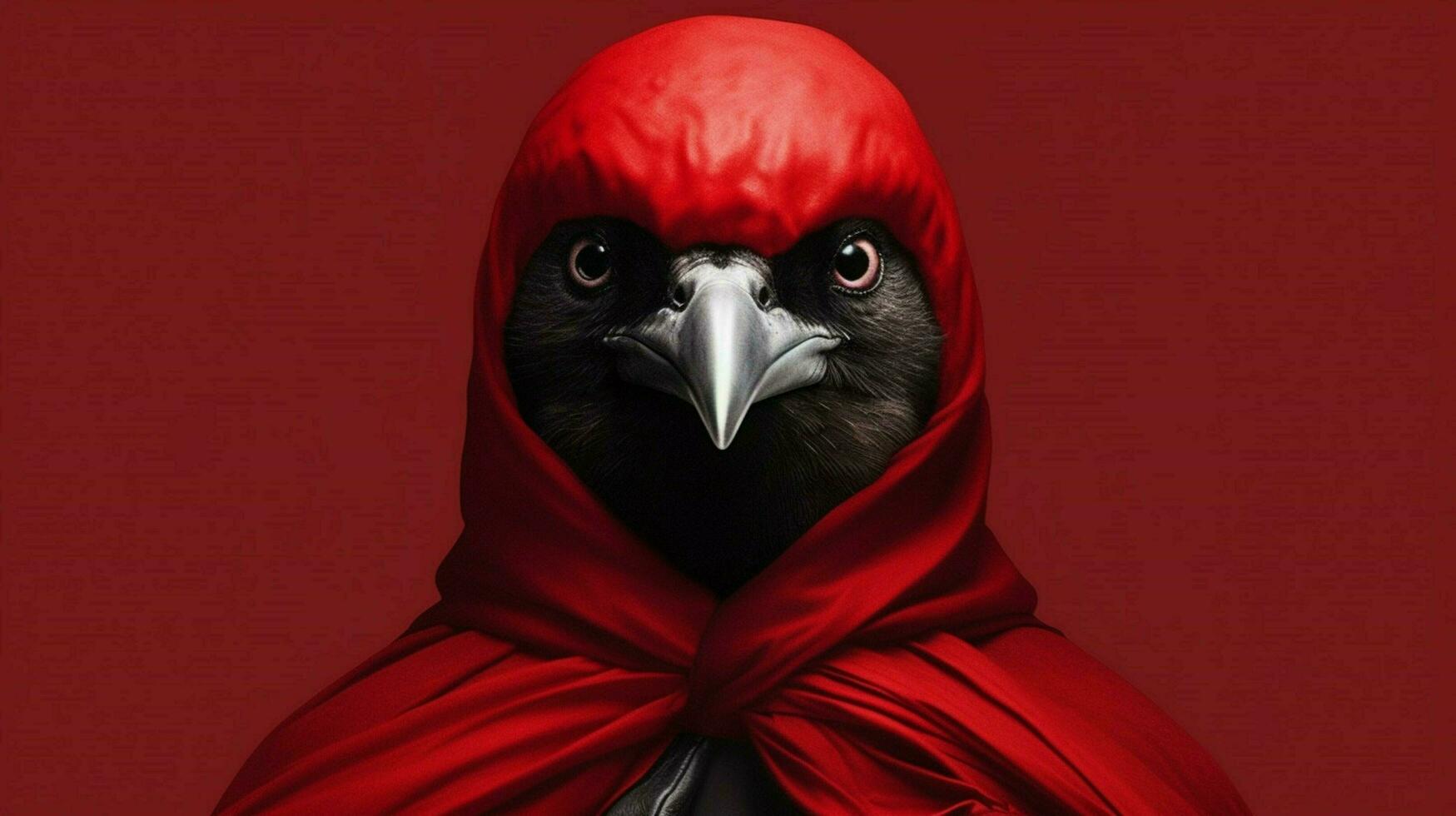 a red and black poster of a bird with a red hood photo