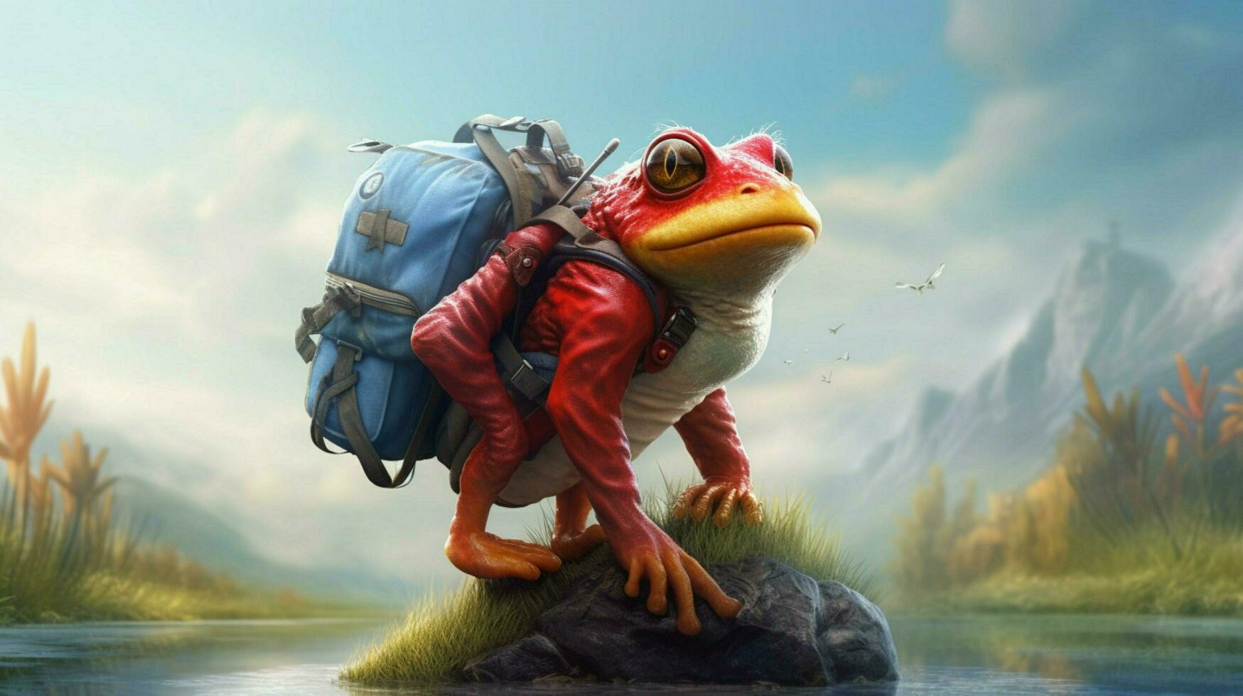 a red frog with a backpack and a backpack on his photo