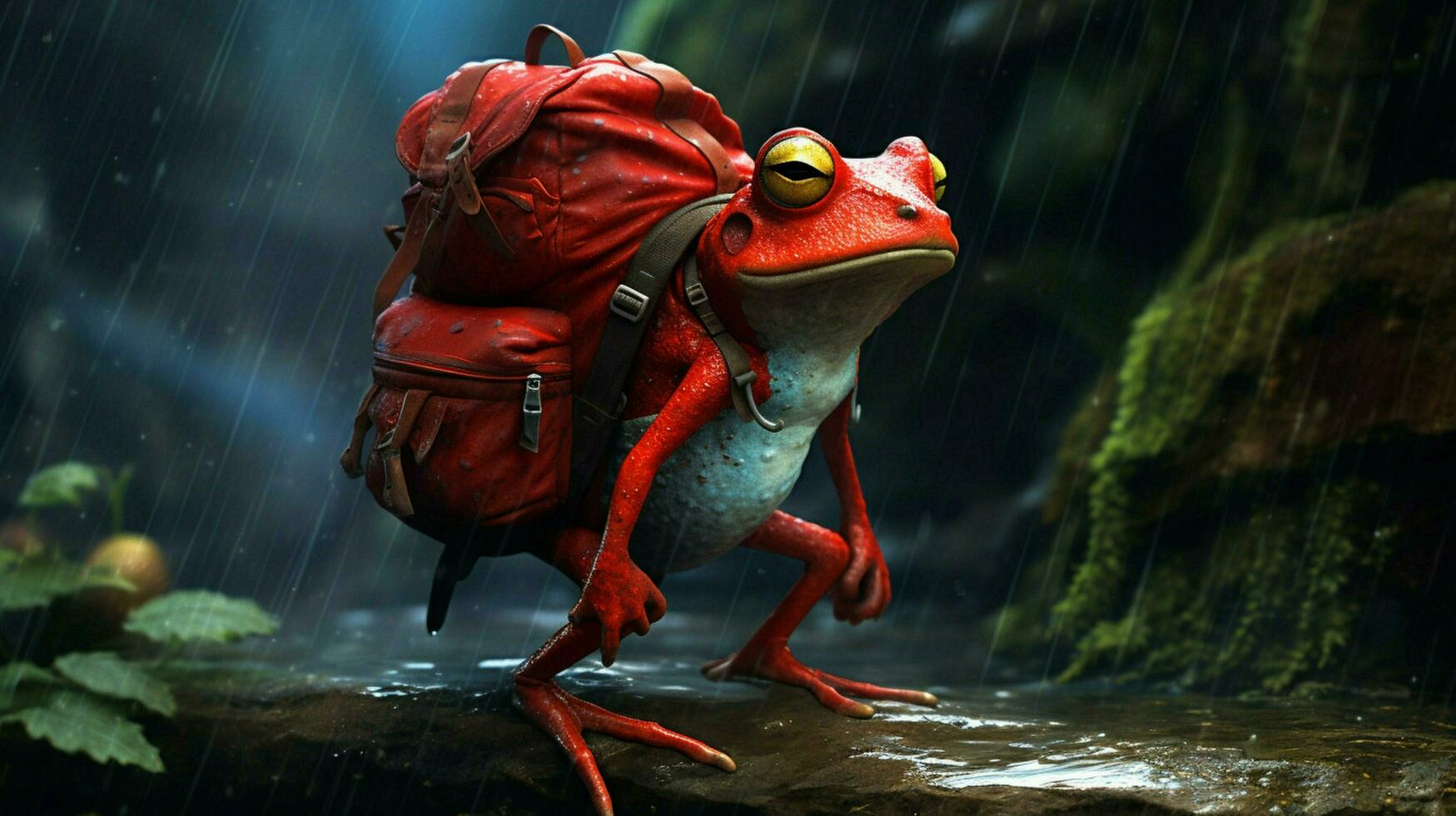 a red frog with a backpack and a backpack on his photo