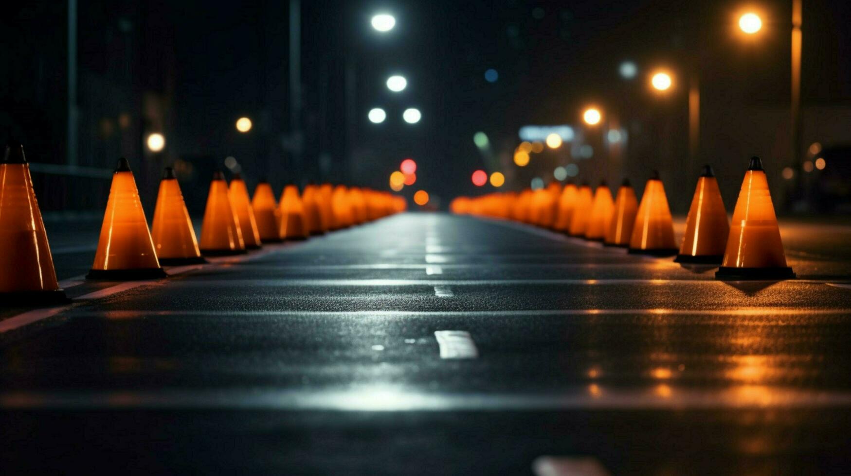 a row of traffic cones in the middle of a dark photo