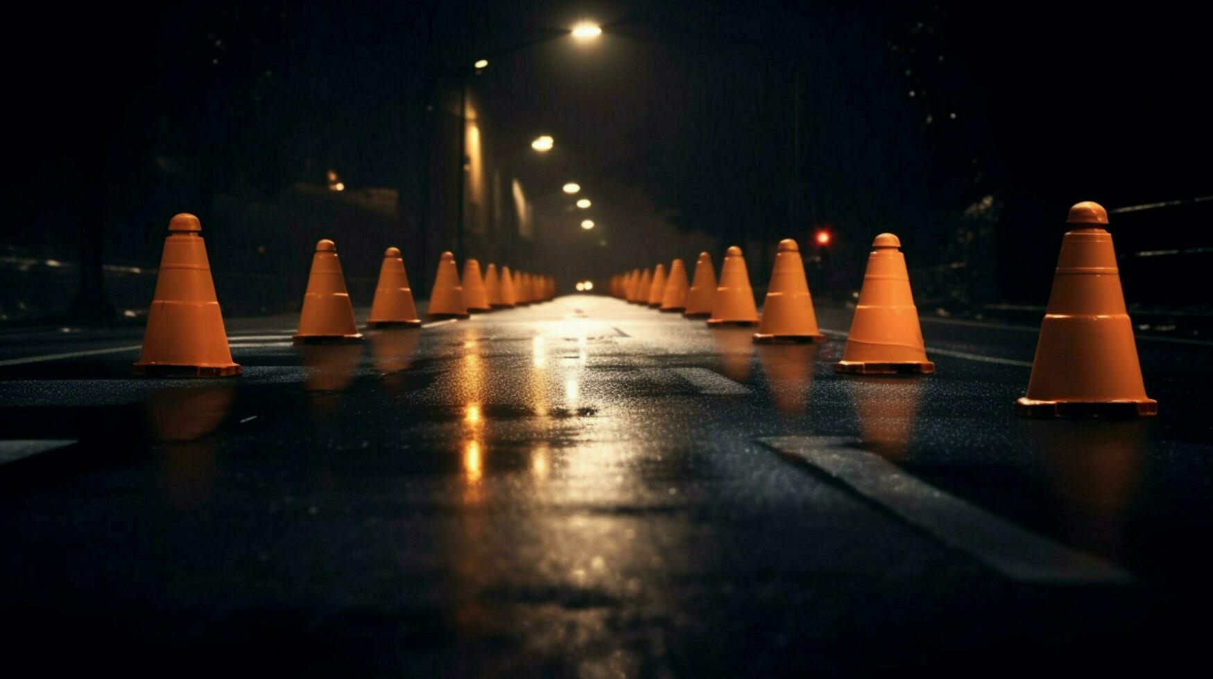 a row of traffic cones in the middle of a dark photo