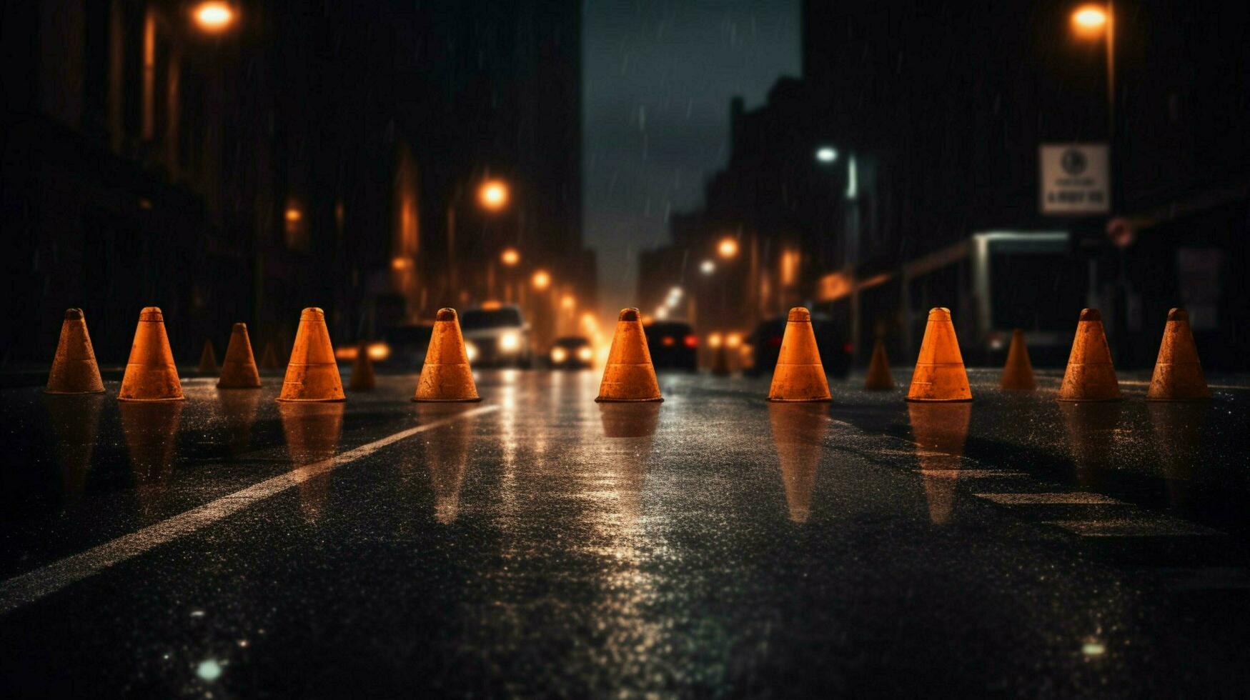 a row of traffic cones in the middle of a dark photo