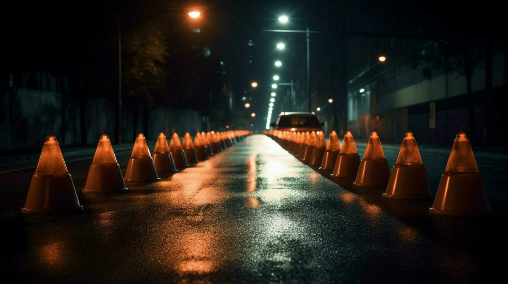 a row of traffic cones in the middle of a dark photo