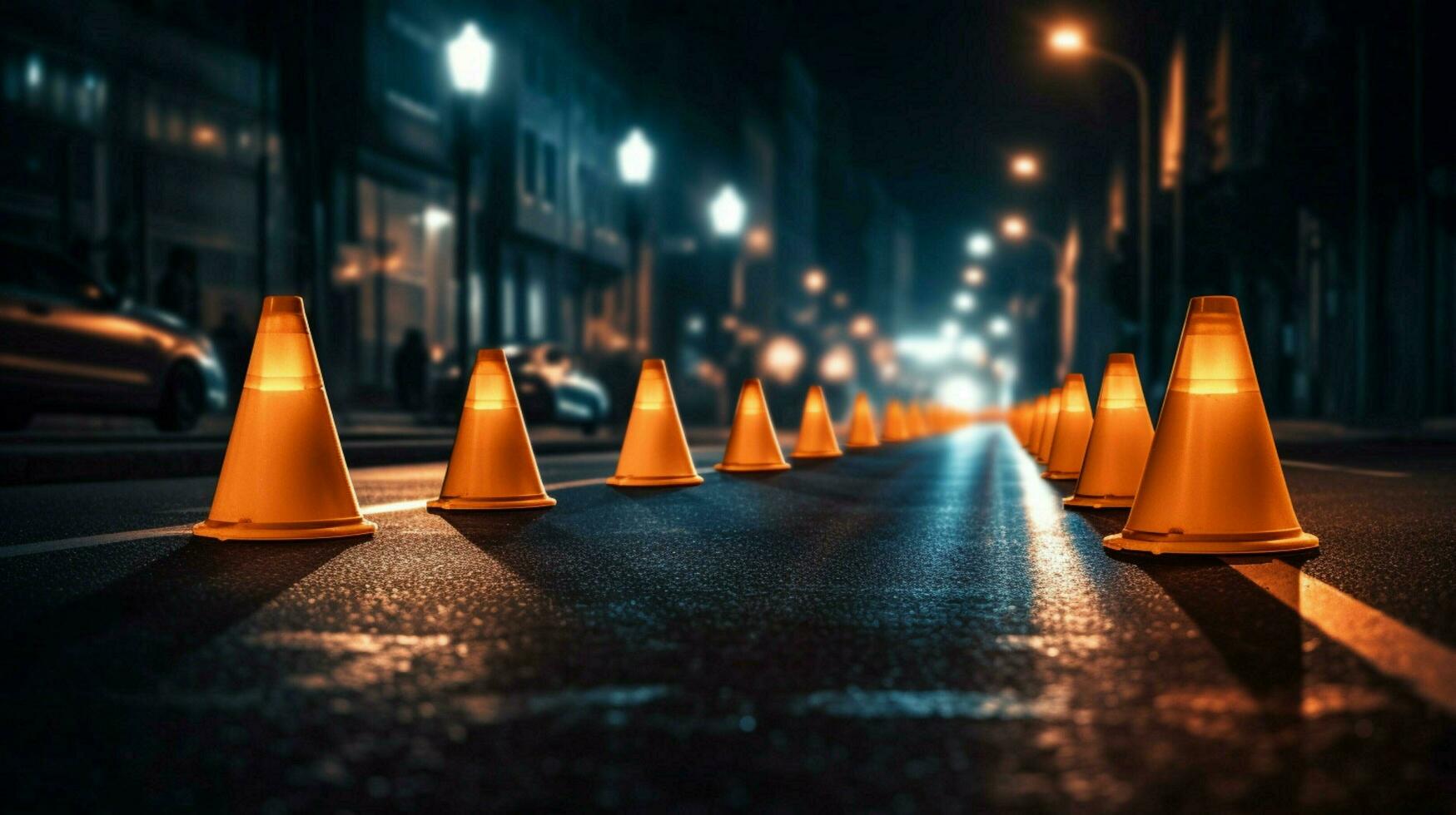a row of traffic cones in the middle of a dark photo