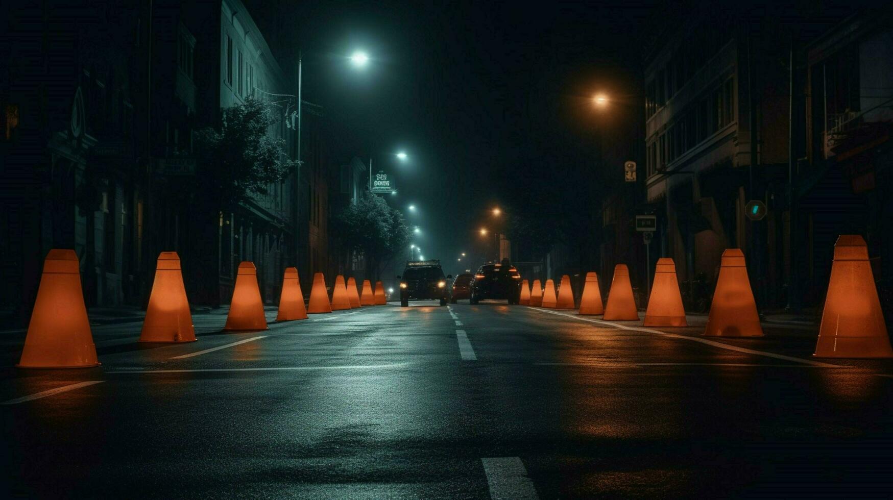 a row of traffic cones in the middle of a dark photo